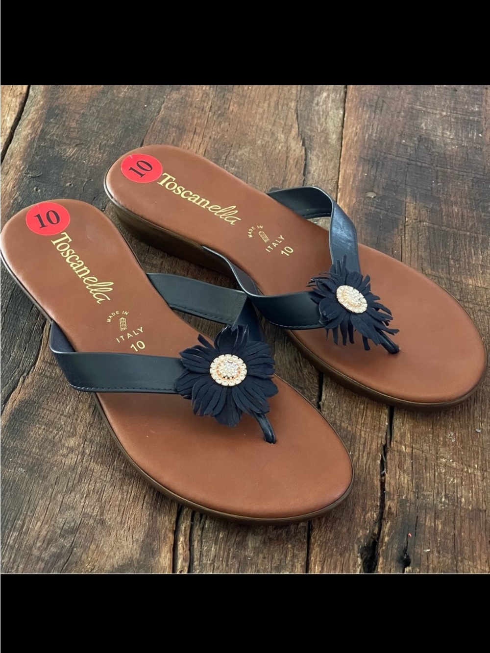 Toscanella Navy Thong Low Wedge Sandals Sz 10 Rhinestone Flower Made In Italy